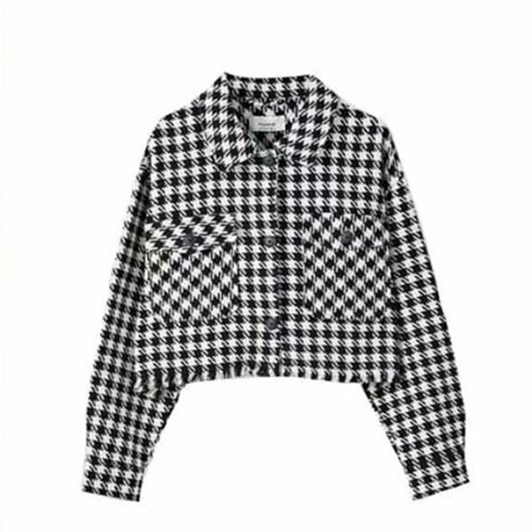 

autumn women british style retro fashion temperament wild single-breasted pocket female houndstooth short shirt 210520, White