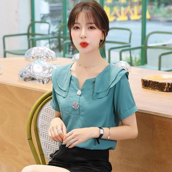 

women's blouses & shirts coigarsam short sleeve blouse women summer chiffon blusas womens and white peacock blue 5126