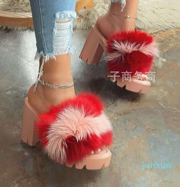 

wholesae-dress shoes party high heel sandals fur women's 2021 stripper heels platform furry night club plus size woman, Black