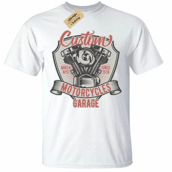 

custom motorcycles garage t-shirt mens biker clothing t-shirt, White;black