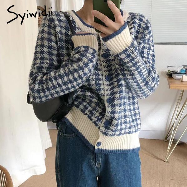 

women's knits & tees syiwidii vintage plaid knitted sweaters women cardigan fall 2021 korean fashion o neck long sleeve single breaste, White