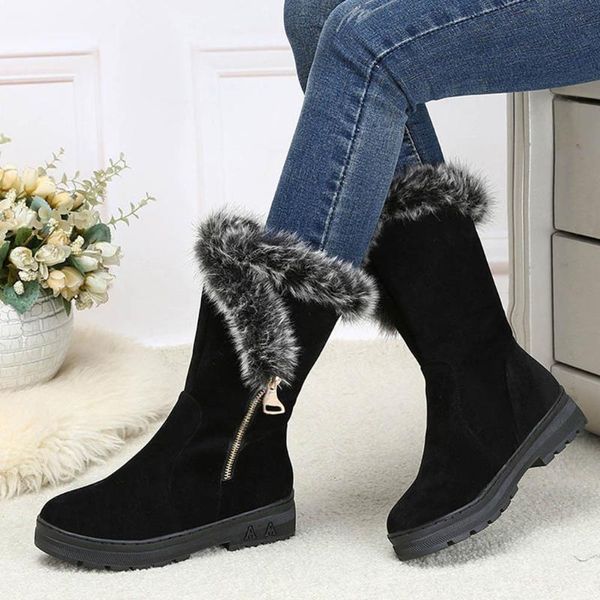 

boots women snow warm short fur plush winter calf boot plus size platform ladies suede zip shoes female comfort, Black