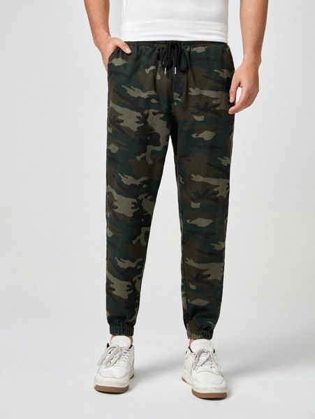 

men camo print drawstring waist pants m5sn#, Black