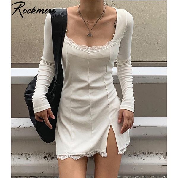 

rockmore split lace mini dress women transparent long sleeve bodycon square collar above knee dresses party dress vedtidos, Black;gray