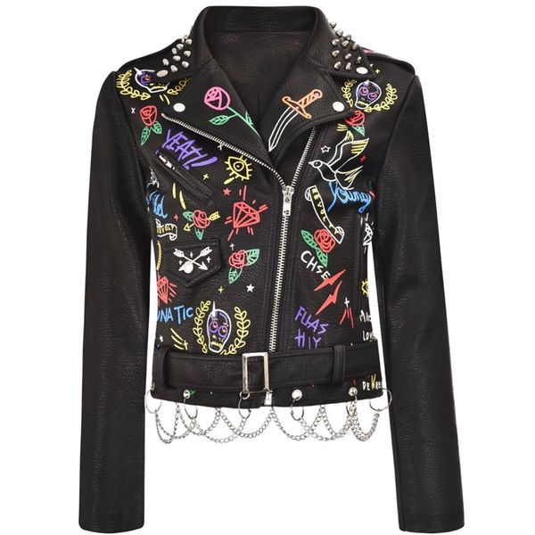 

locomotive leather short 2021 new graffiti printing heavy industry rivet jacket pu coat women's, Black
