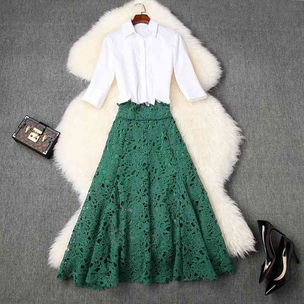 

women's two piece pants women high waist lace skirt and set summer hollow out a-line long skirts + elegant white shirts outift