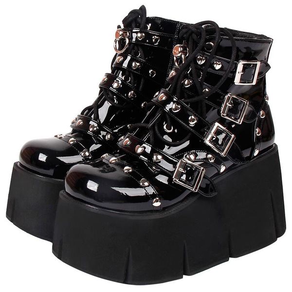 

boots angelic imprint women motorcycle punk lady short ankle woman high trifle big heels pumps shoes rivets round toe, Black