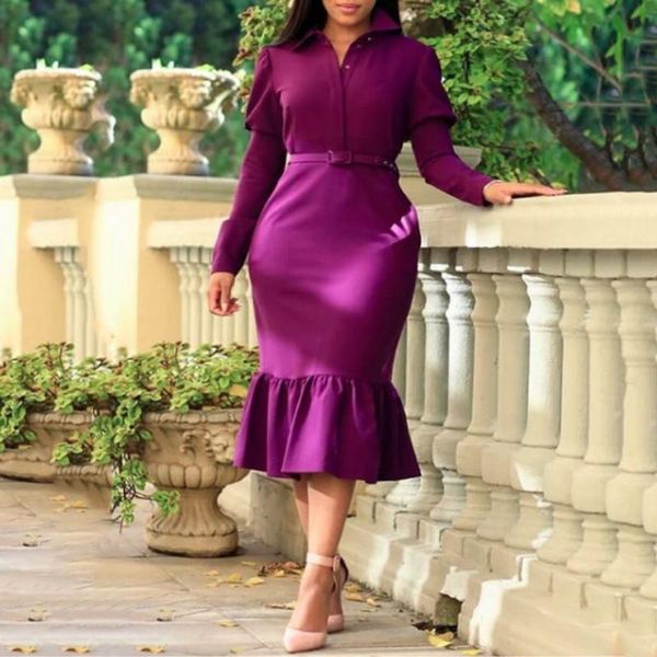 

casual dresses purple dress women elegant mermaid full sleeve high waist turn down collar mid calf evening night party dinner vestidos, Black;gray