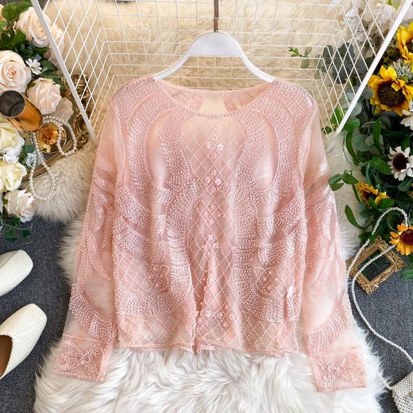 

women's blouses & shirts european retro perspective mesh heavy beaded sequins o neck long sleeve women blusas fashion streetwear 2021, White