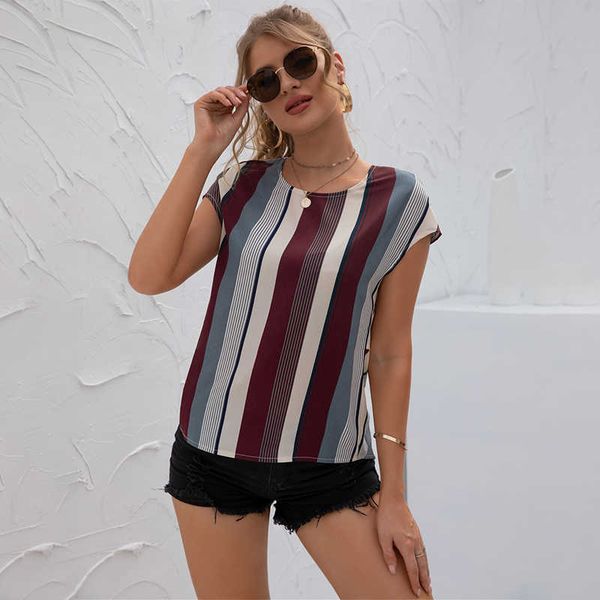 Estate Donna Casual T Shirt O Collo Contrasto Colore Stripe Patchwork Sexy Backless Straight Top Ladies Streetwear Tee Shirts 210608