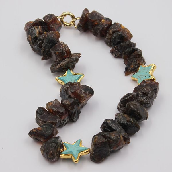 

guaiguai jewelry natural brown amber rough raw necklace blue turquoises five-pointed star gold plated beads handmade for women, Silver