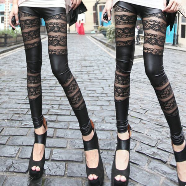 

leggings fashion women's leather striped lace rose double bottom pants, Black