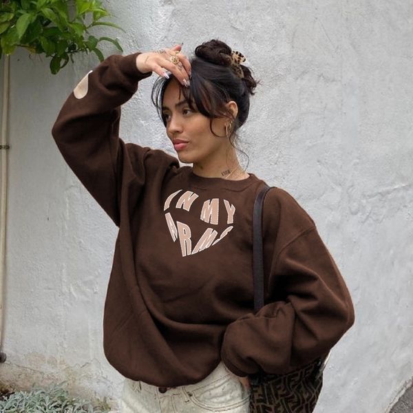 

women's love color contrast printing long sleeve pullover loose casual round neck brown sweater, Black