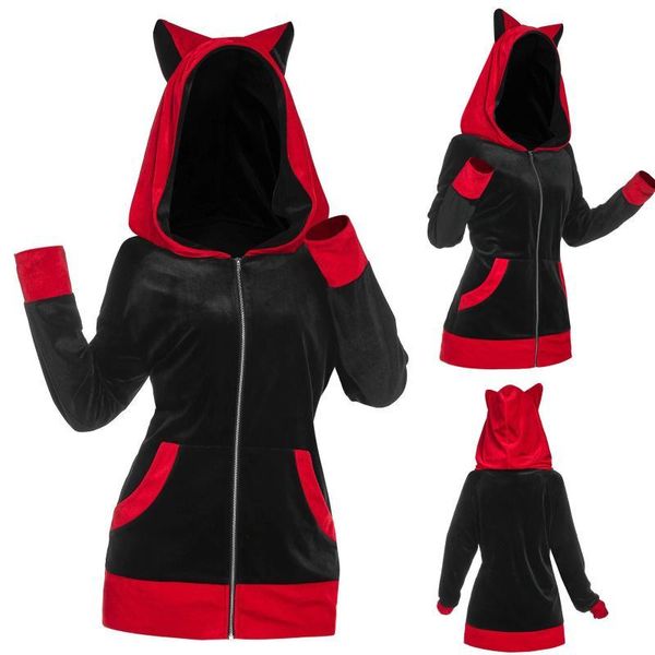 

women's hoodies & sweatshirts woman cat ear sweatshirt faux furs insert zip up hoodie lady plus size pullover harajuku outwear sudader, Black
