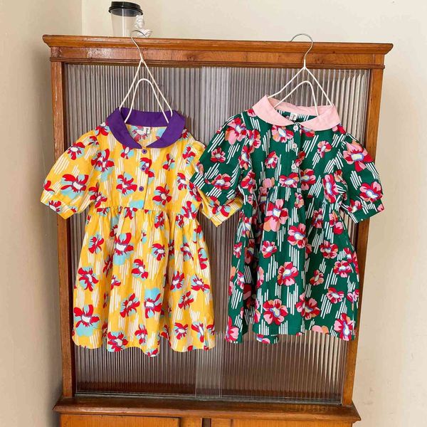 

vintage girls floral print dress for toddler korean ins peter pan collar a-line summer cotton clothing 210529, Red;yellow