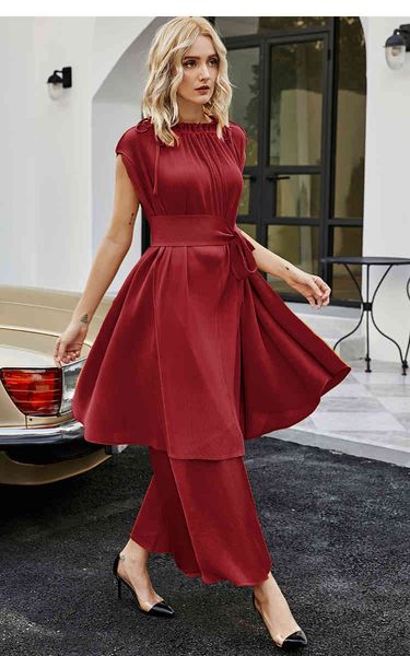 

dresses miyake style o-neck sleeveless long lacing t-shirt in the fold full length pants two-piece outfit stock, White