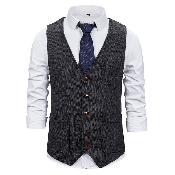 

men's vests autumn casual herringbone single breasted pocket decoration sleeveless suit formal male waistcoat clothing, Black;white