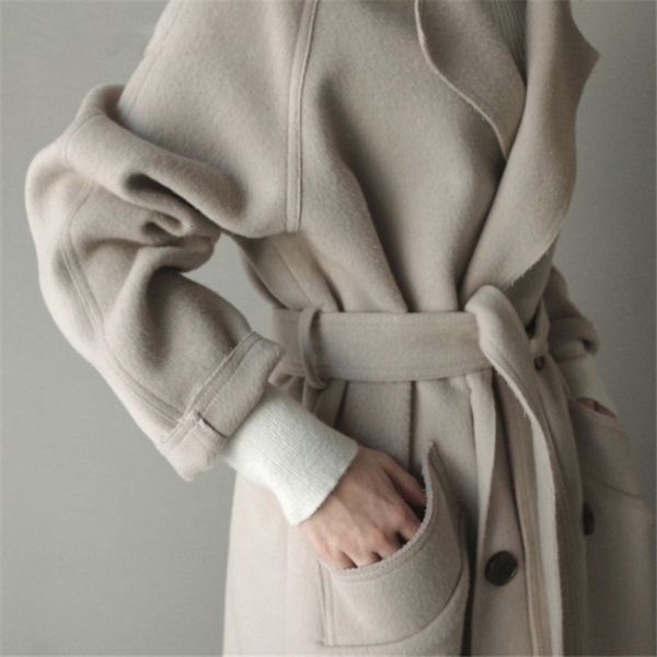 

winter belt wide lapel pocket blend coat oversize long trench outwear wool women, Black