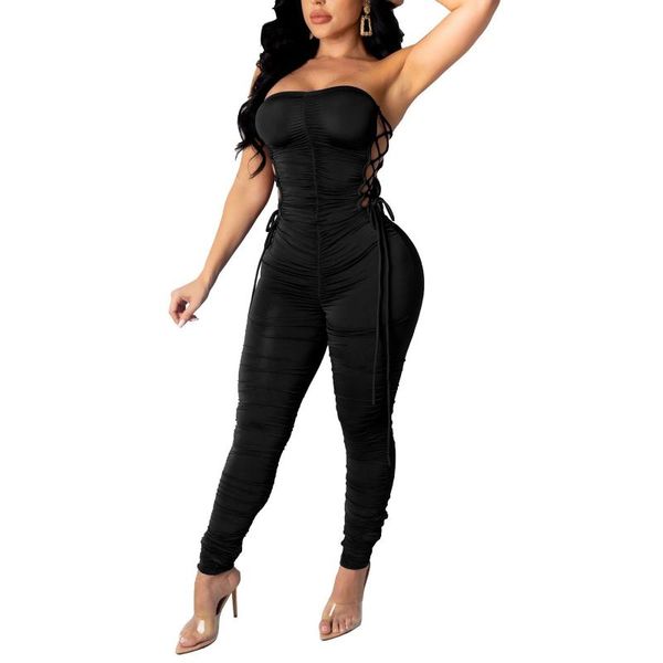 

women's jumpsuits & rompers women hollow out bandage strapless skinny solid club party fashion sleeveless ruched leotard bodysuits, Black;white