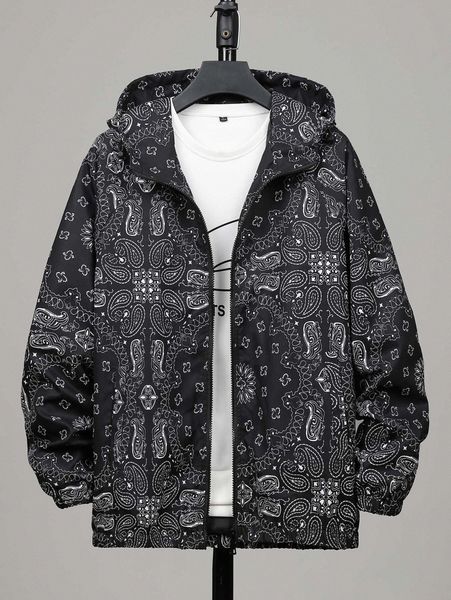 

men paisley print hooded jacket without r621#, Black;brown