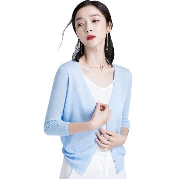 

women's knits & tees summer cardigan women black red green blue yellow thin sweater cardigans casual vneck outerwear knitted cloth, White