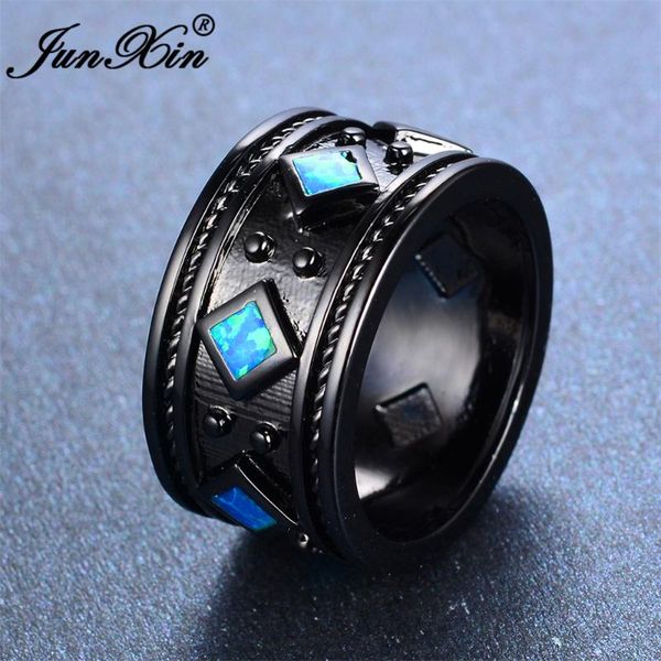 

wedding rings junxin female blue & white fire round opal ring fashion black gold filled jewelry vintage for men and women, Slivery;golden