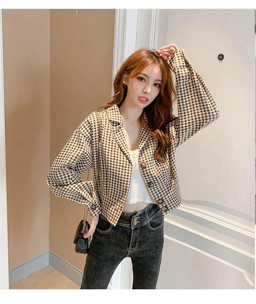 

autumn women fashion loose high waist single breasted v neck casual plaid jacket women's jackets, Black;brown