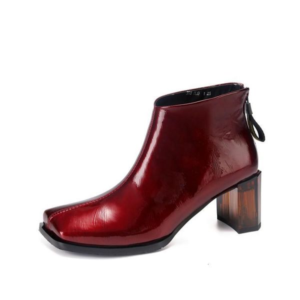 

boots gpokhds women ankle cow leather winter short plush square toe zipper high heels female size 43 yr9a, Black