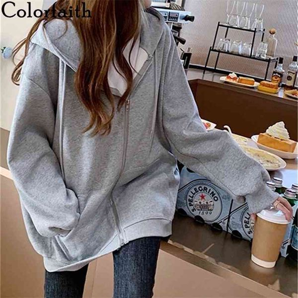 

autumn winter women sweatshirts hoodies for girls vintage zipper oversized itself korean pop ss8765 210427, Black;gray