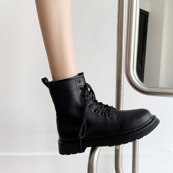 

boots black six-hole short female autumn wild 2021 british style flat ankle women motorcycle artificial leather