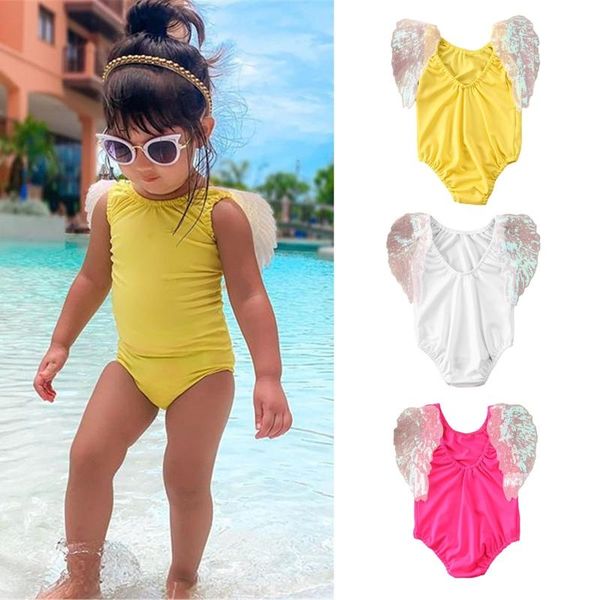 

6m-4years sleeveless solid color swimwear for toddler baby girls bikini with sequined wing summer beachwear one-pieces, Black