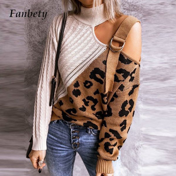 

casual dresses off shoulder turtleneck ladies knitted sweaters women elegant leopard printed patchwork pullovers autumn long, Black;gray
