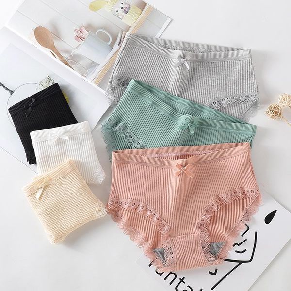 

women's panties underwear women 3pcs/lot cotton lace mid waist bow women's lingerie fashion plus size solid briefs for 2021, Black;pink