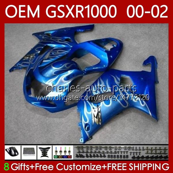 Kit de OEM para Suzuki GSXR 1000 CC GSXR-1000 01-02 Bodywork 62NO.68 GSXR1000 K2 1000CC 2001 2002 2002 GSX-R1000 GSX R1000 00 01 02 Faires de Molde de Injeção Prata Blue Blk