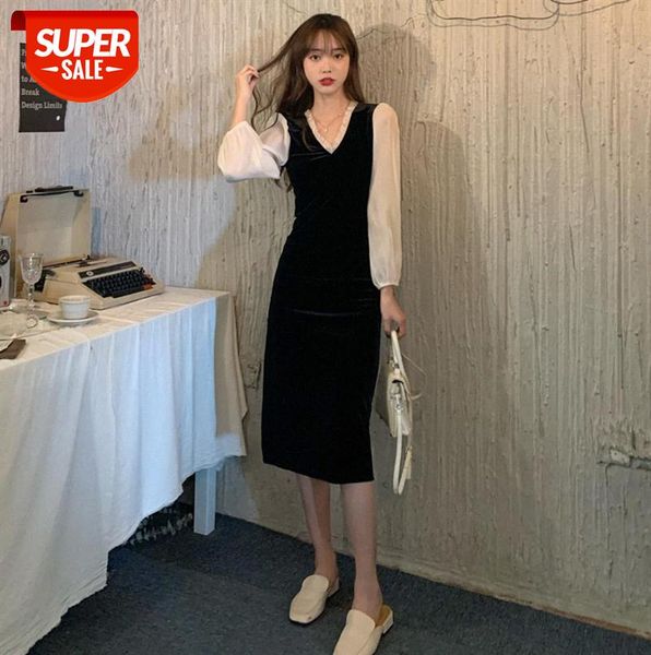 

french retro hepburn style v-neck stitching puff sleeves thin dress female temperament long velvet little black #qz68, Black;gray