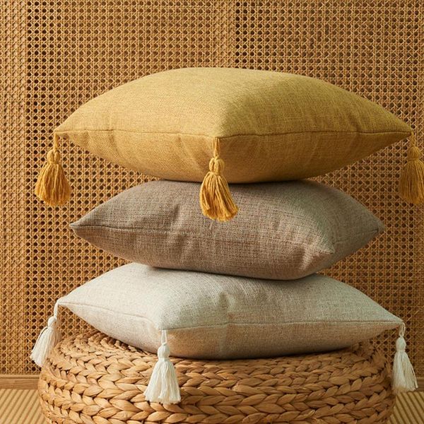 

pillow case solid color cotton linen cover with tassels yellow beige home decor cushion 45x45cm sofa