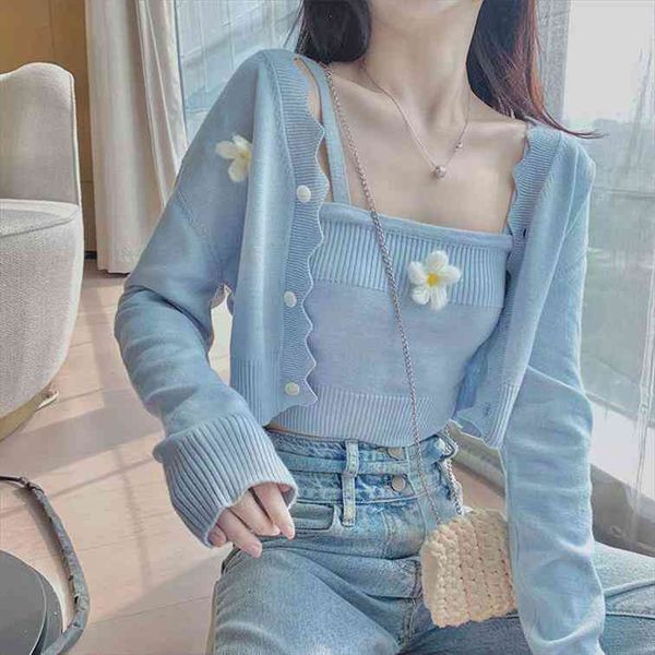 

korean chic feminine spring summer women sweater 2 pcs cardigan susenders knitted crop thin flower short blue, White;black