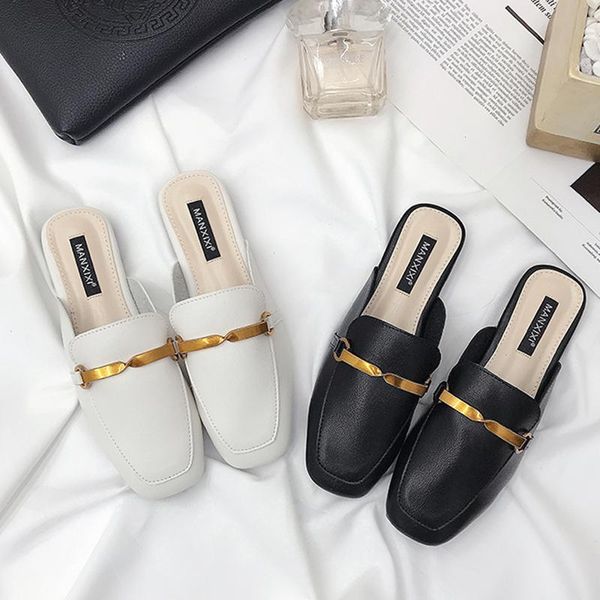 

slippers leather mule women metal decoration square toe slipper casual flat shoes slides slip on shallow loafers zapatos mujer size 35-40, Black