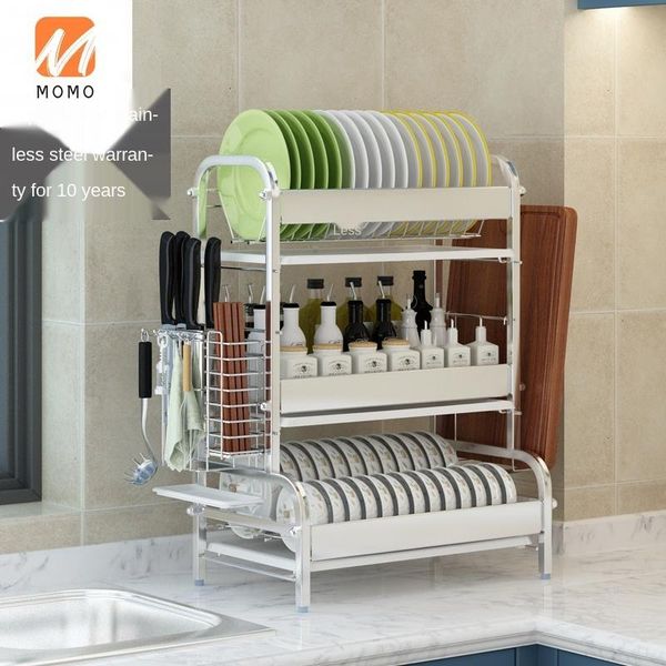 

stainless steel dish rack sink drain draining tableware bowl plate supplies storage box kitchen shelf 3 layers bottles & jars