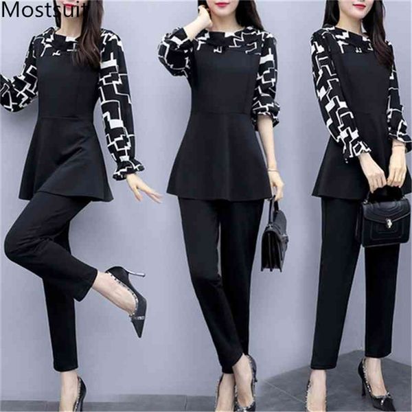 

l-5xl autumn black two piece sets outfits women plus size flare sleeve and pants suits office korean elegant 210513, White