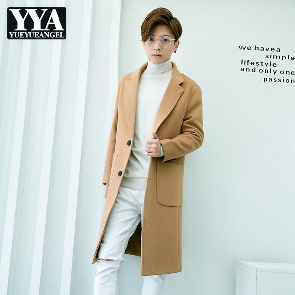 

men cashmere coats single-breasted pockets lapel casual fashion long woolen warm windbreaker jackets korean style autumn winter men's w, Black