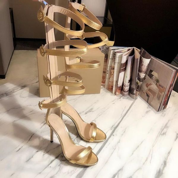 

women gold leather roman sandals summer boots with buckles street 10.5cm, Black