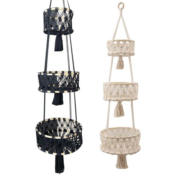 

storage baskets 2021 bohemian 3 tier hanging fruit basket woven macrame tassels vegetable organizer plant holder stand rack home kitchen