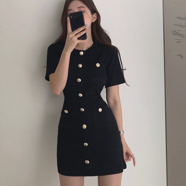 

2021button knitted dress bodycon mini vestido curto korean summer party elegant black black moda feminina ropa mujer 2021 robes, Black;gray