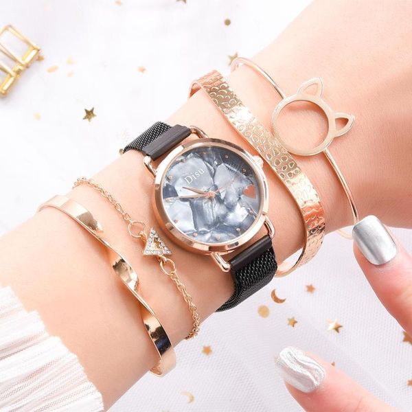 

wristwatches brand 5pcs set watch women fashion rose gold watches bracelet ladies dress unique design magnet wristwatch clock, Slivery;brown