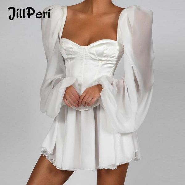 Повседневные платья Jilleri женщин фонарь рукава шикарные корсет шифоновое платье белый летний квадратный шеи ol элегантный наряд сексуальная вечеринка мини