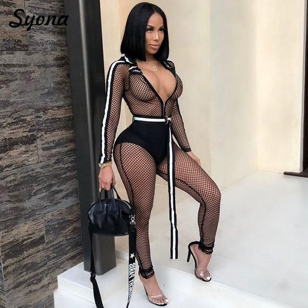 

women's jumpsuits & rompers women sheer fish net jumpsuit hoodie club belt romper striped hollow out see through erotic overalls for ni, Black;white
