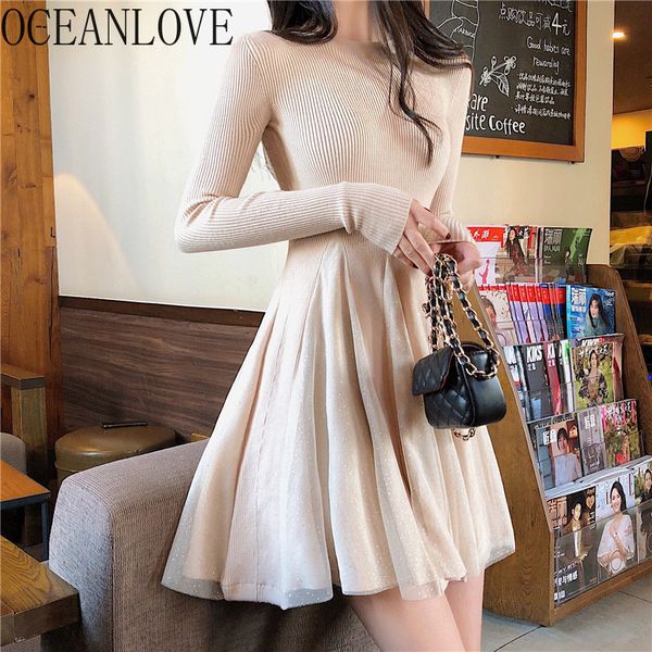 

spring autumn knitted dress women solid elegant vestidos mesh long sleeve mini dresses a-line 13996 210415, Black;gray