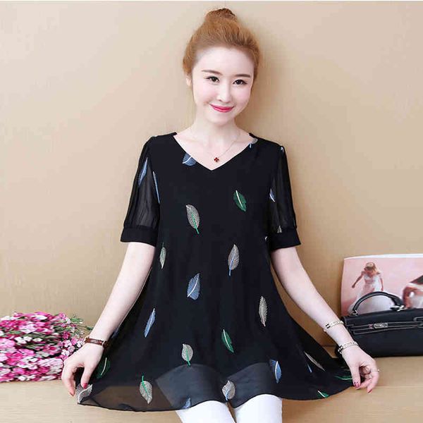 

women's blouses & shirts l-6xl women chiffon shirt summer fashion embroidery leaf v-neck short-sleeve loose pullovers blouse, White