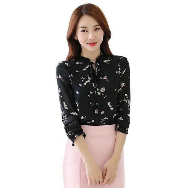 

autumn women chiffon blouses elegant floral office work wear fashion slim shirts o-neck long sleeves plus size women's &, White